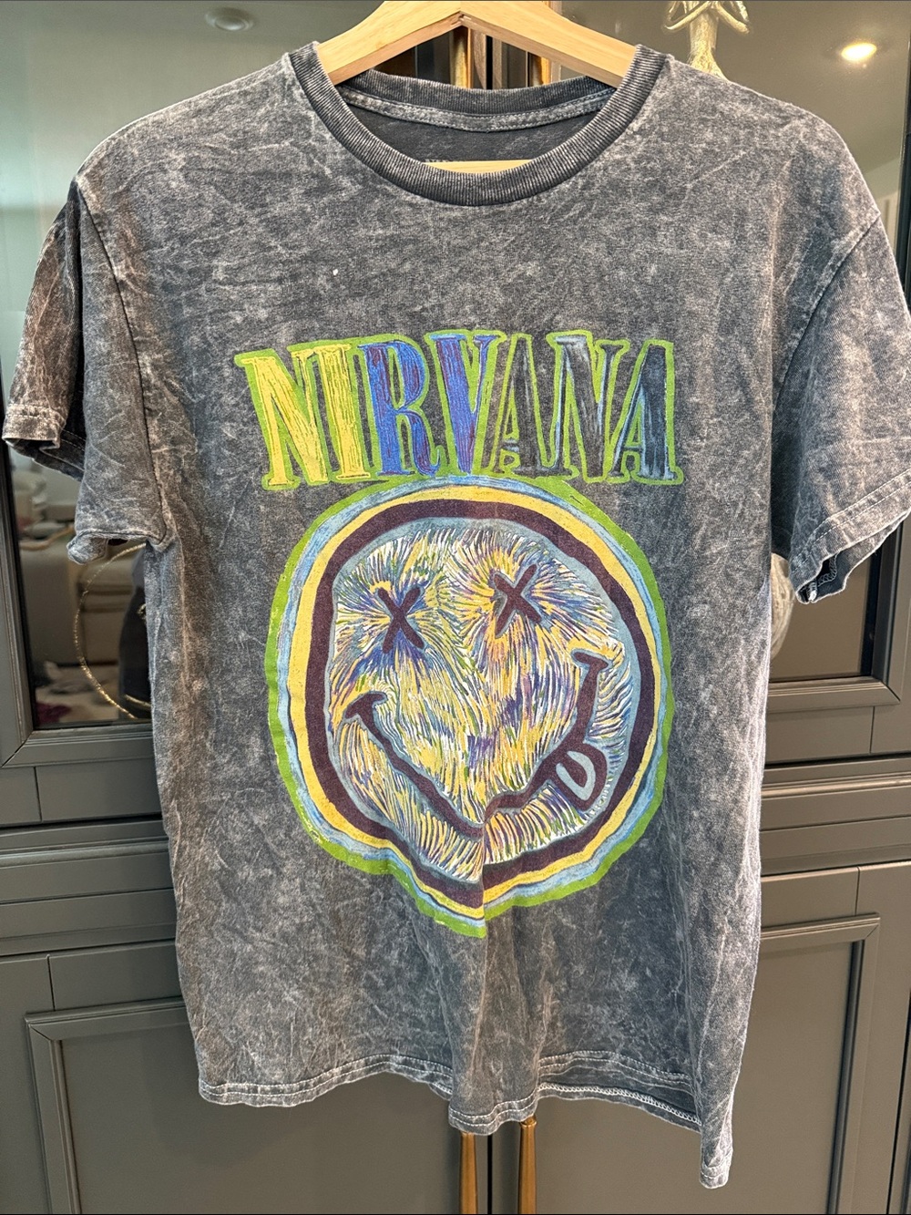 NIRVANA Distressed Black Tee with Neon Multicolor Logo